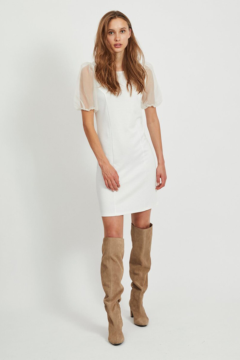 Vila, Rochie mini cu maneci bufante, Alb, S