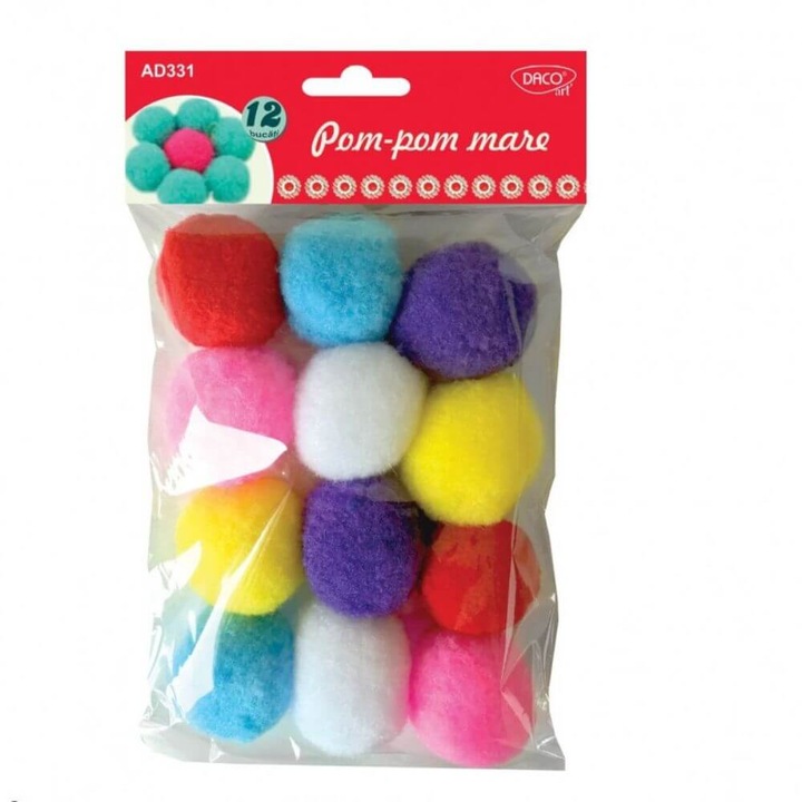 Pom Pom Mare DACO, 12 Buc/Set, Dimensiune 5 cm, Multicolor, Material Textil