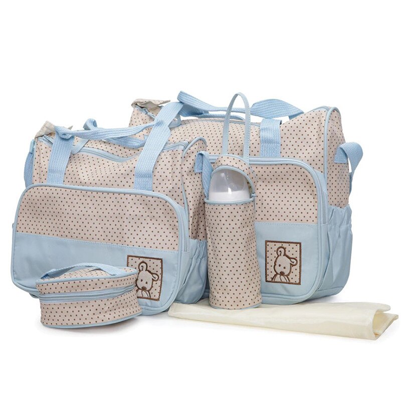 Set 5 genti pentru mamici, Bebelusi si Copii, CYTHERIA, crem cu Bleu, 41 x 33 x 18 cm