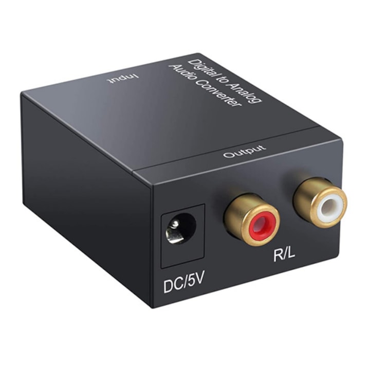 Convertor semnal audio digital coaxial / SPDIF toslink la semnal analog RCA L / R+cablu alimentare USB , cablu optic, RCA si de alimentare inclus, negru