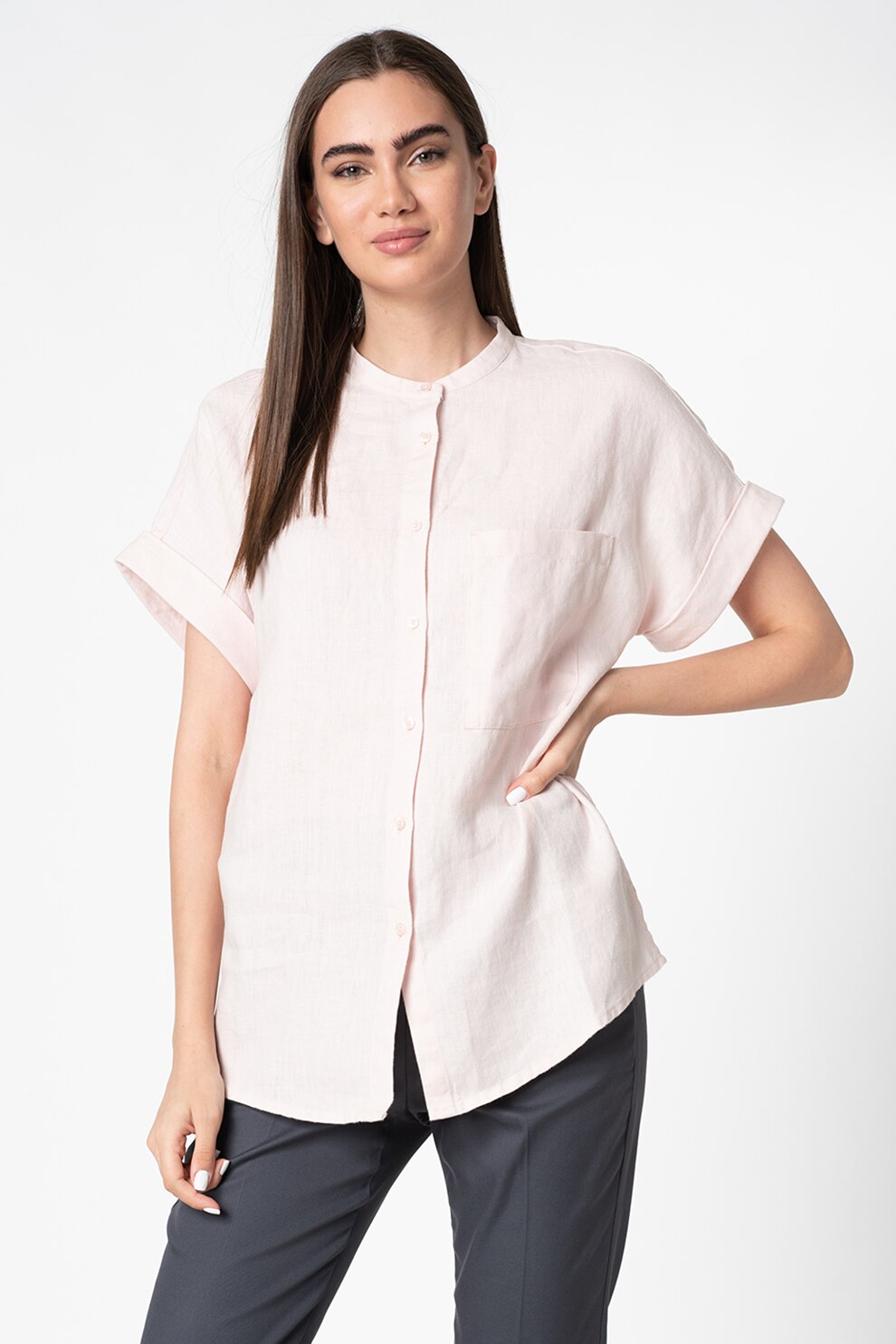 Stefanel, Camasa de in cu guler Mao, Roz pal, S