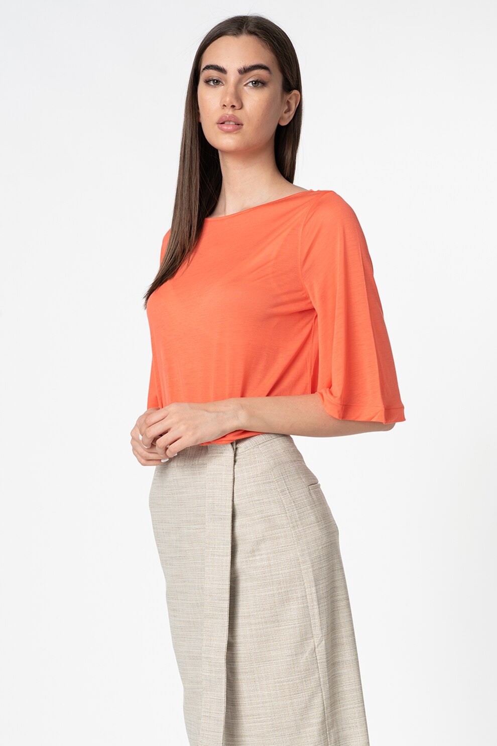 Stefanel, Tricou lejer din lyocell cu maneci medii, Corai