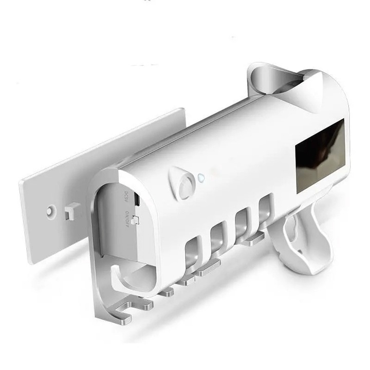 Sterilizator cu lumina UV-C pentru periute de dinti, aparat de ras cu dispenser pentru pasta de dinti, senzor miscare si incarcare solara, alb