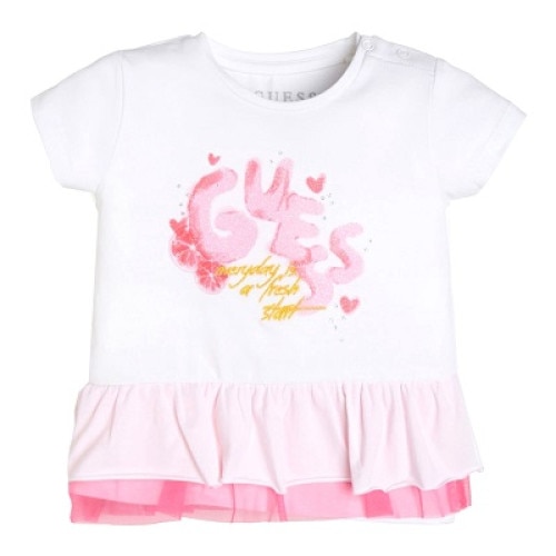Tricou fete Guess alb cu volan, Alb/Roz