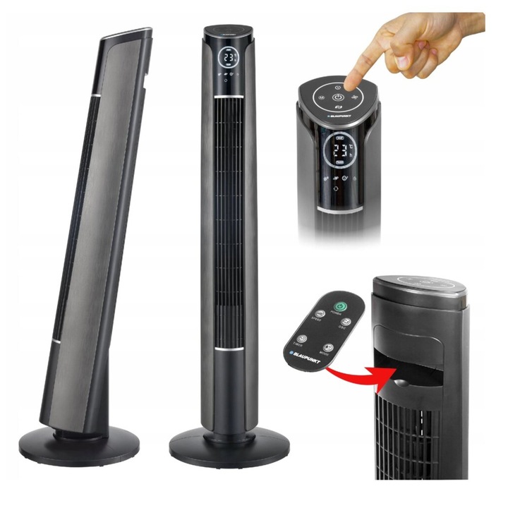 Ventilator cu picior, Blaupunkt AFT801, Telecomanda, Putere 45W, 3 viteze, Inaltime 108 cm, Display LED, Flux de aer puternic, Negru
