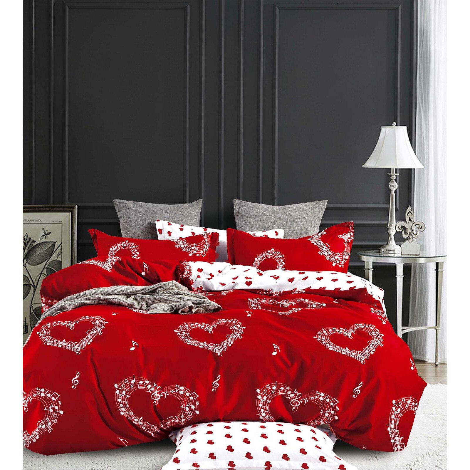 Set pentru pat din finet gros, 6 piese, JOJO HOME cu 2 fete cu Imprimeu Inimi Muzicale