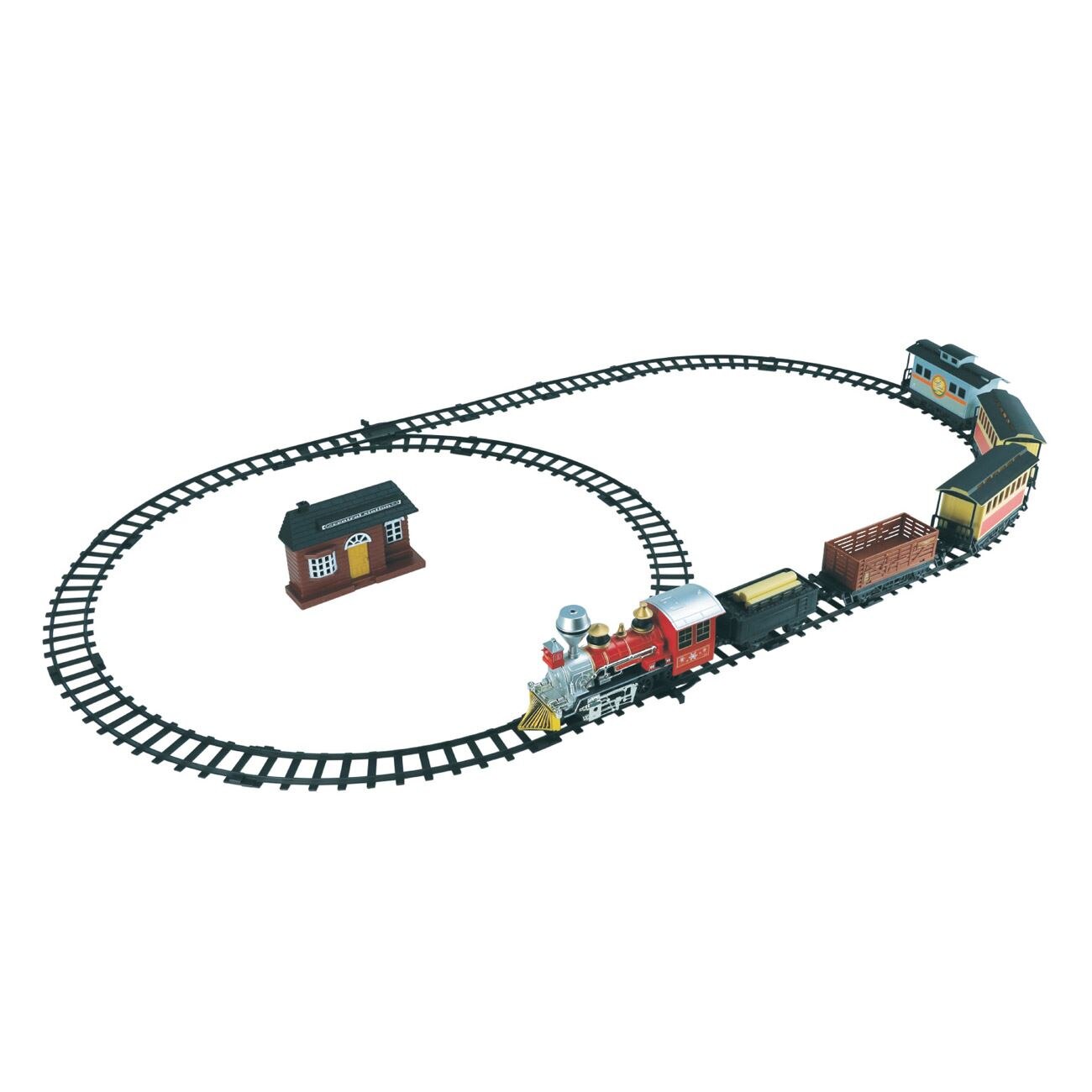 Set multifunctional occidental cu motor, 5 vagoane si statie pentru calatori, cu sunet, miscare inainte si inapoi, ATS + 5 ani