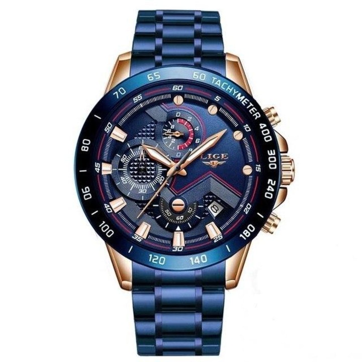 Мъжки часовник Lige, хронометър, хронограф, светлинни индекси, дата, аналогов, кварцов механизъм, водоустойчив, удароустойчив, неръждаема стомана, златисто син