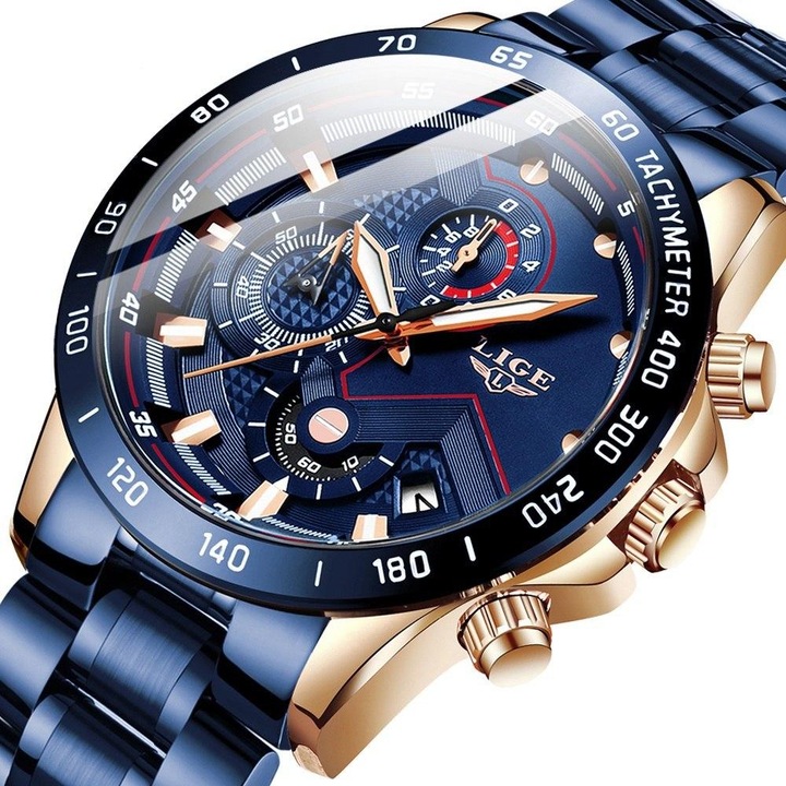 Ceas barbatesc Lige, Cronograf, Cronometru, Indici luminosi, Data, Analog, Mecanism Quartz, Rezistent la apa, Rezistent la socuri, Otel inoxidabil