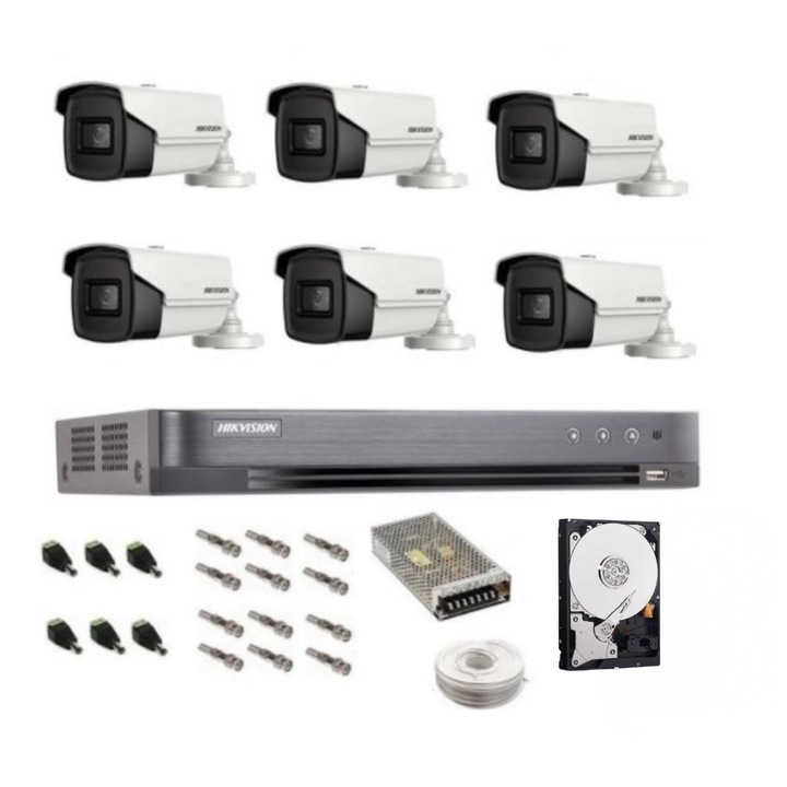 Sistem complet de supraveghere profesional Hikvision Turbo HD, înregistrare 4K / 8 Mp, 6 camere IR 60 m, HDD 2 Tb, 100 m cablu CCTV, vizualizare pe telefon