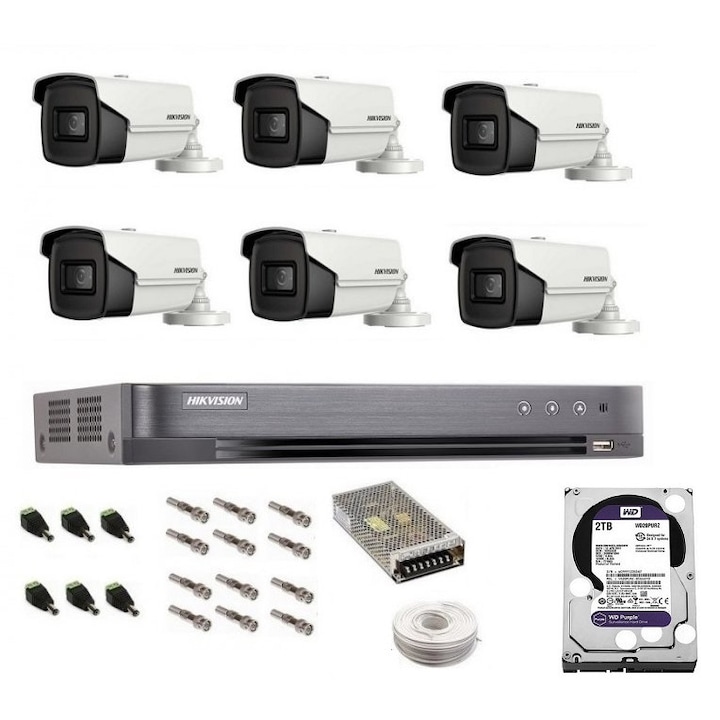 Sistem complet de supraveghere profesional Hikvision Turbo HD, inregistrare 4K / 8 Mp, 6 camere IR 60 m, HDD 2 Tb, 100 m cablu CCTV,vizualizare pe telefon