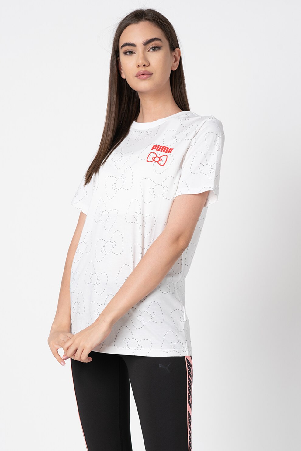 Puma, Tricou cu model Hello Kitty, Alb/Negru