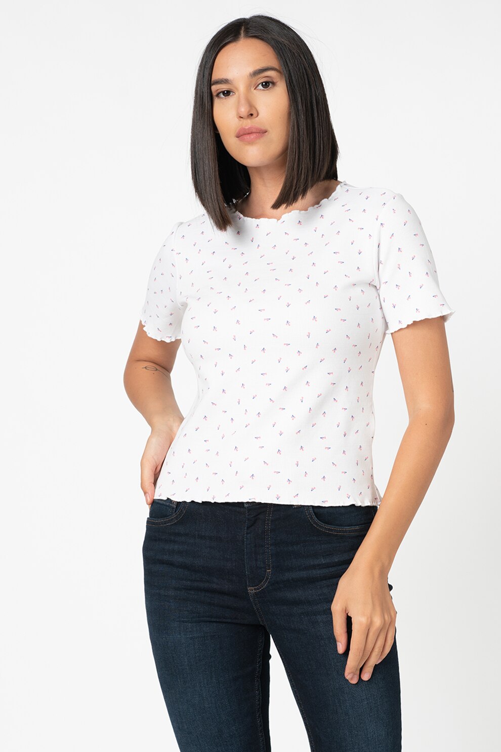 b.young, Tricou texturat cu model floral Sacha, Alb/Roz/Albastru