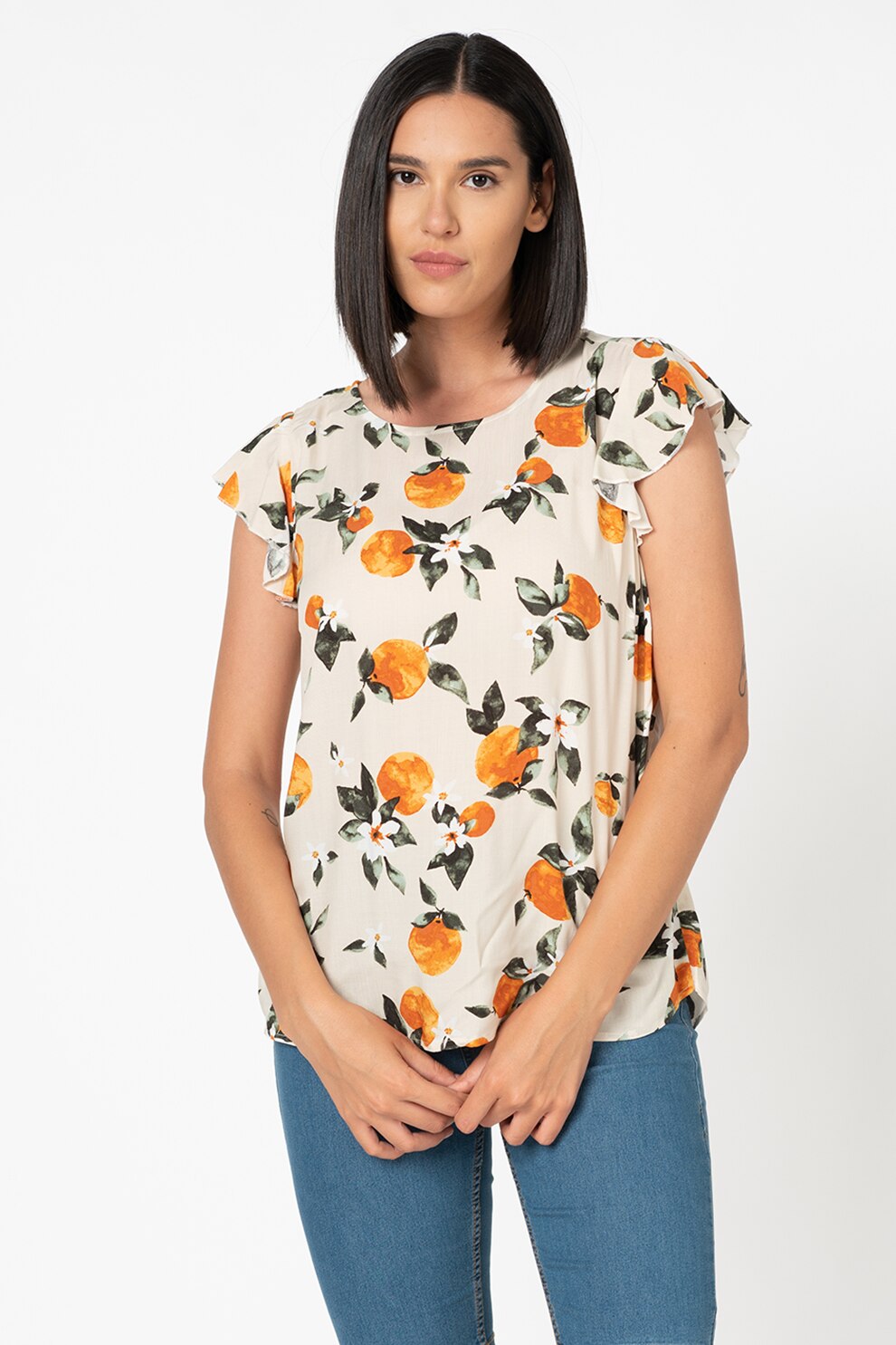 b.young, Bluza vaporoasa cu imprimeu grafic Halsey, Alb prafuit/Verde/Oranj, XS