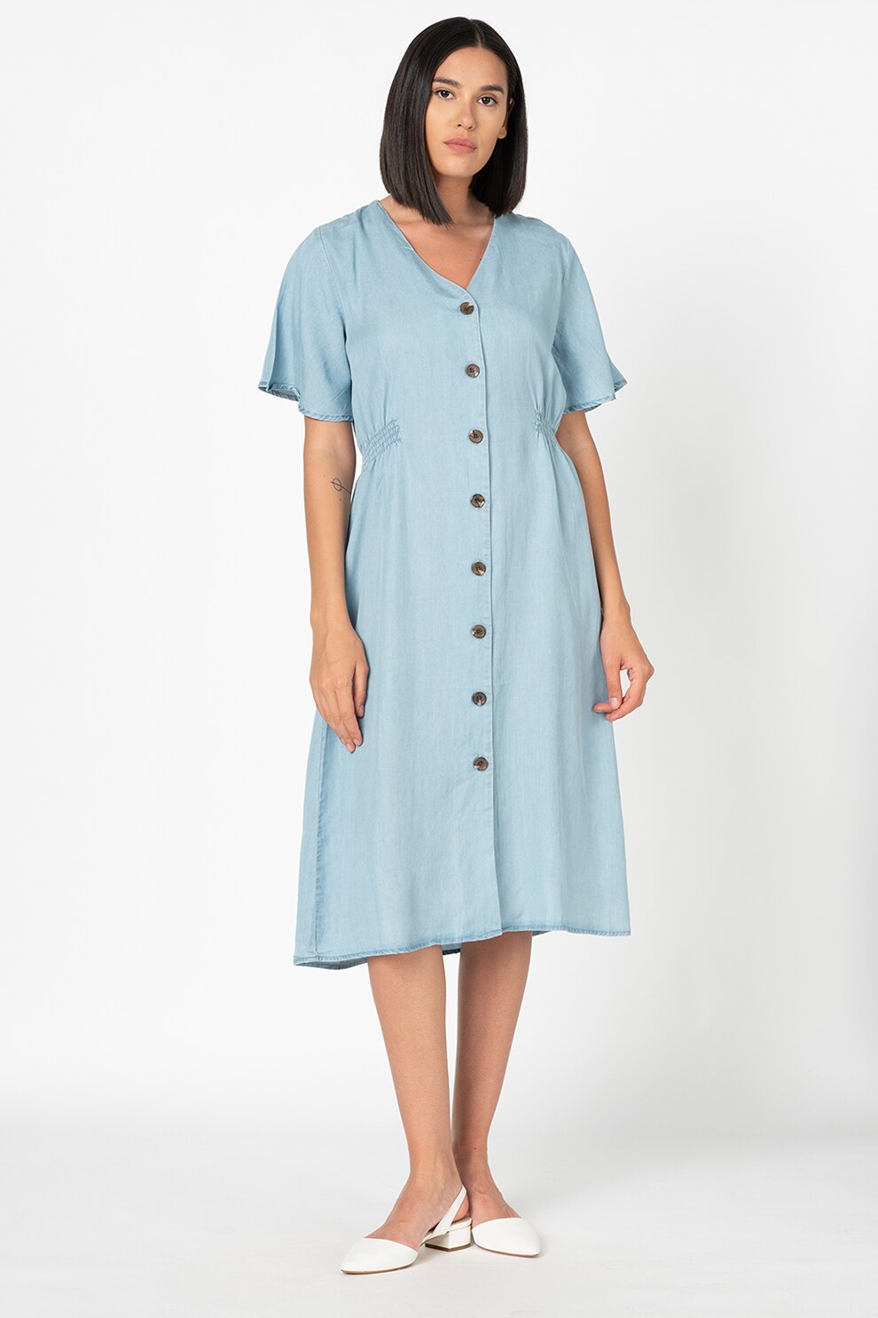 b.young, Rochie din lyocell, cu decolteu in V Harimo, Albastru deschis, S