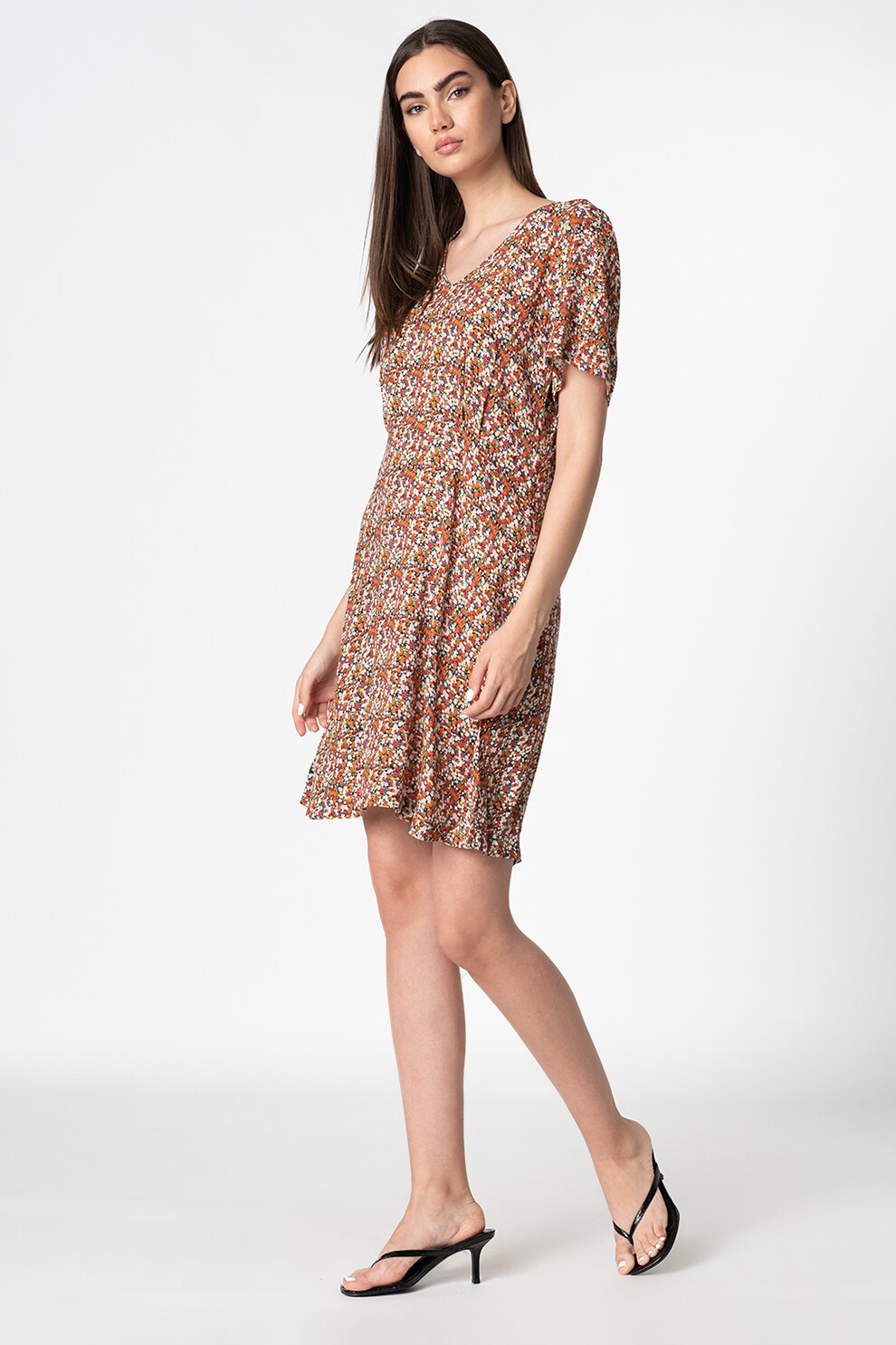 ICHI, Rochie mini evazata cu decolteu in V, Multicolora