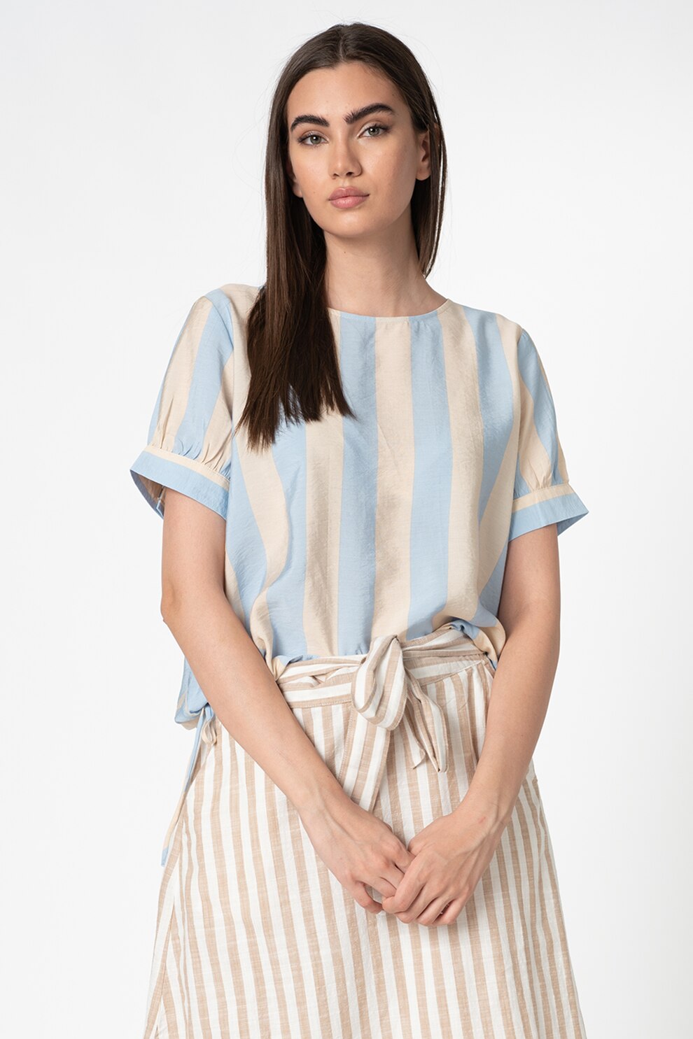 ICHI, Bluza cu maneci scurte si model in dungi, Bej/Albastru azur, S