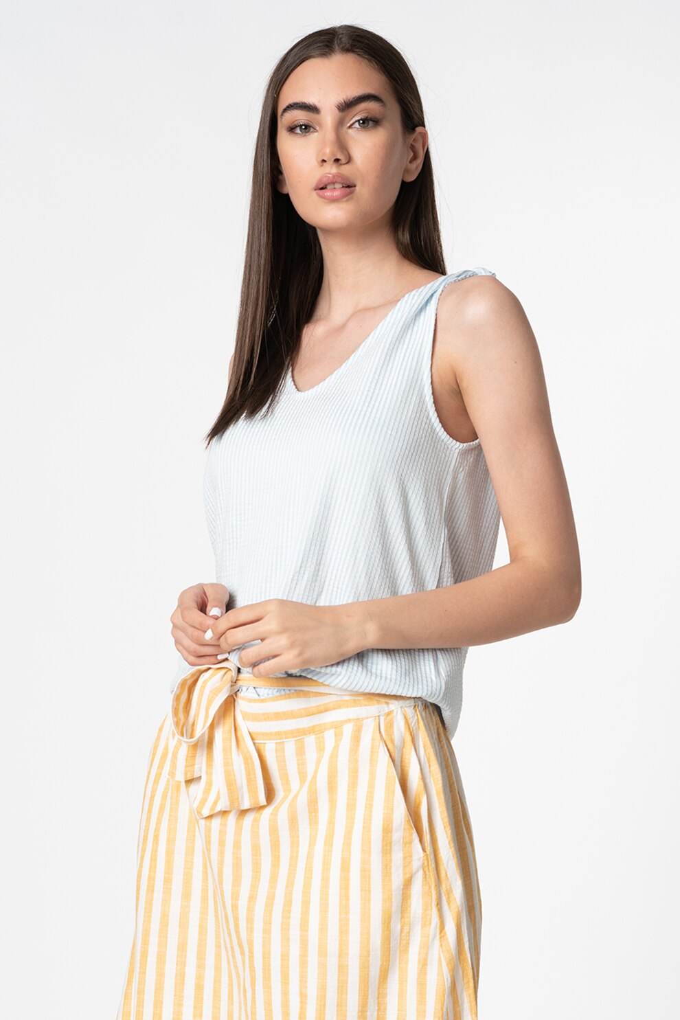 ICHI, Top lejer cu aspect striat, Alb/Albastru azur, XS