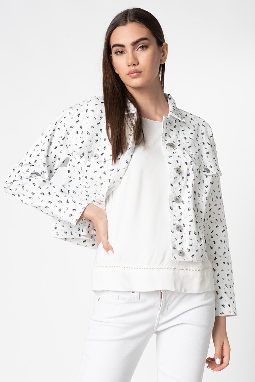 ICHI, Jacheta crop cu model floral, Alb, S