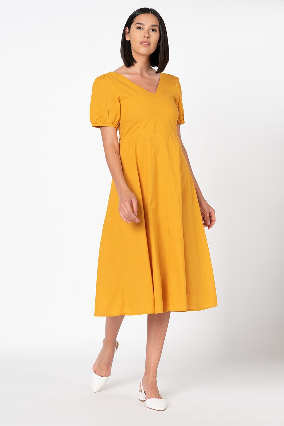 ICHI, Rochie evazata cu decolteu in V Gry, Galben sofran