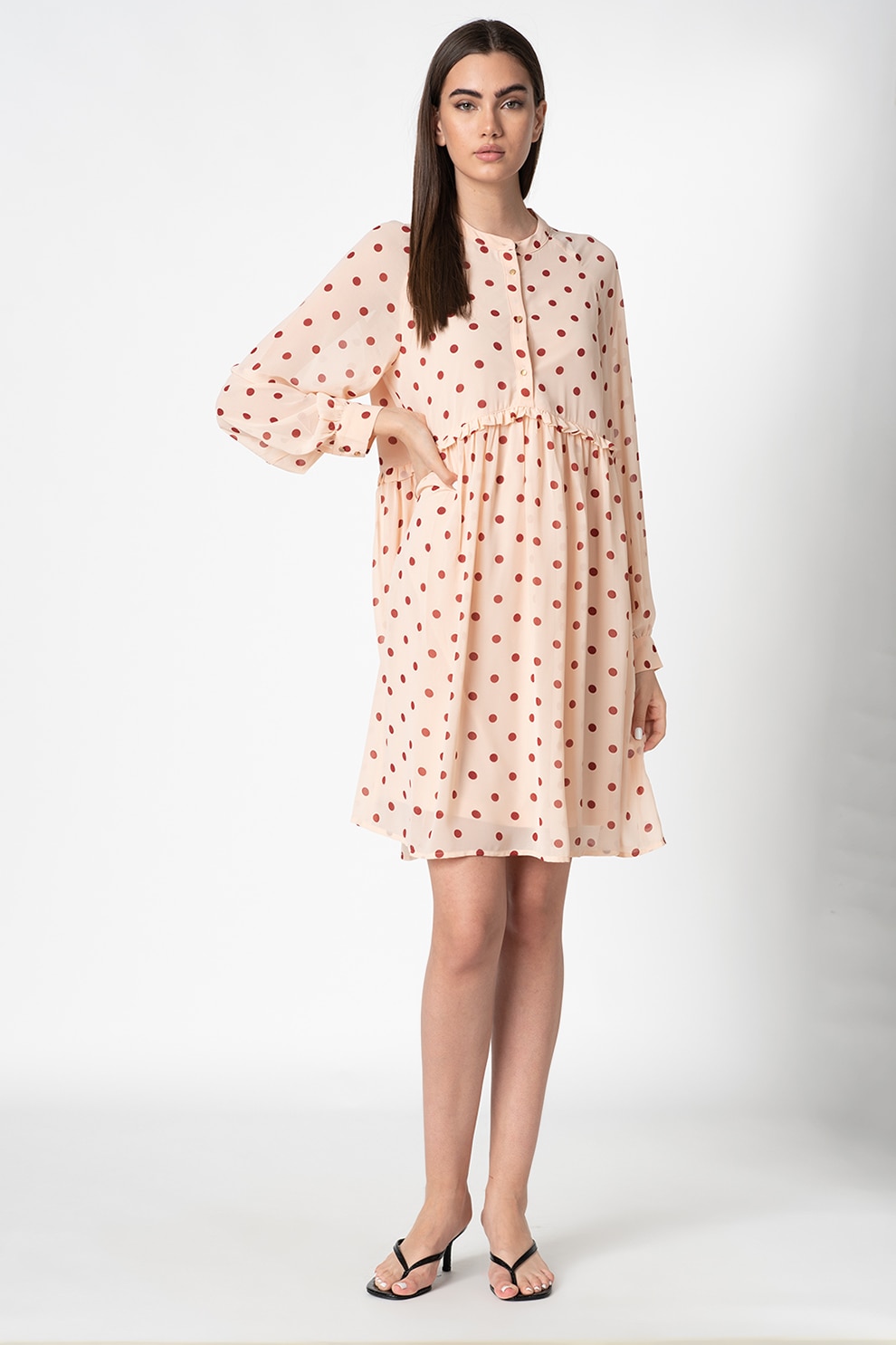 ICHI, Rochie mini cu buline, Roz piersica/Rosu inchis