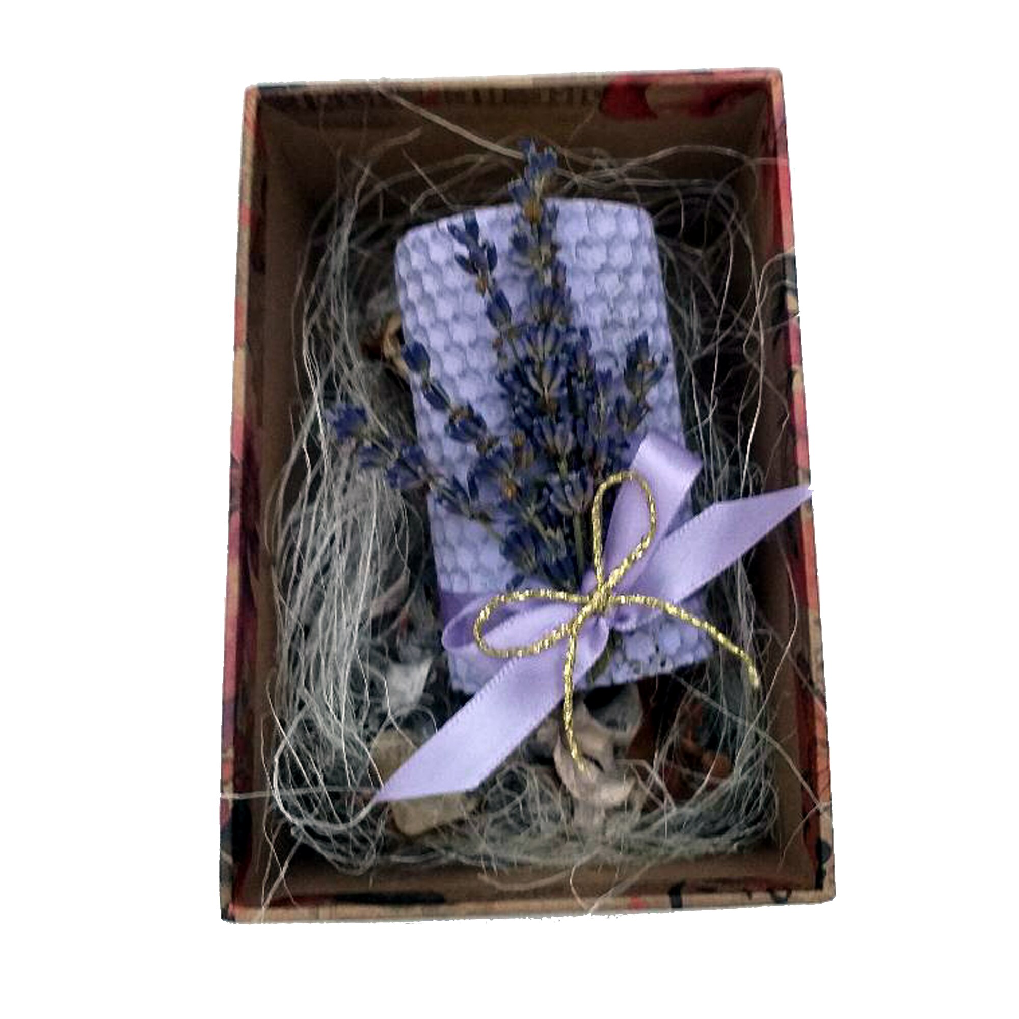 Aranjament cu lumanare din ceara naturala de albine, lila, cu lavanda in cutie