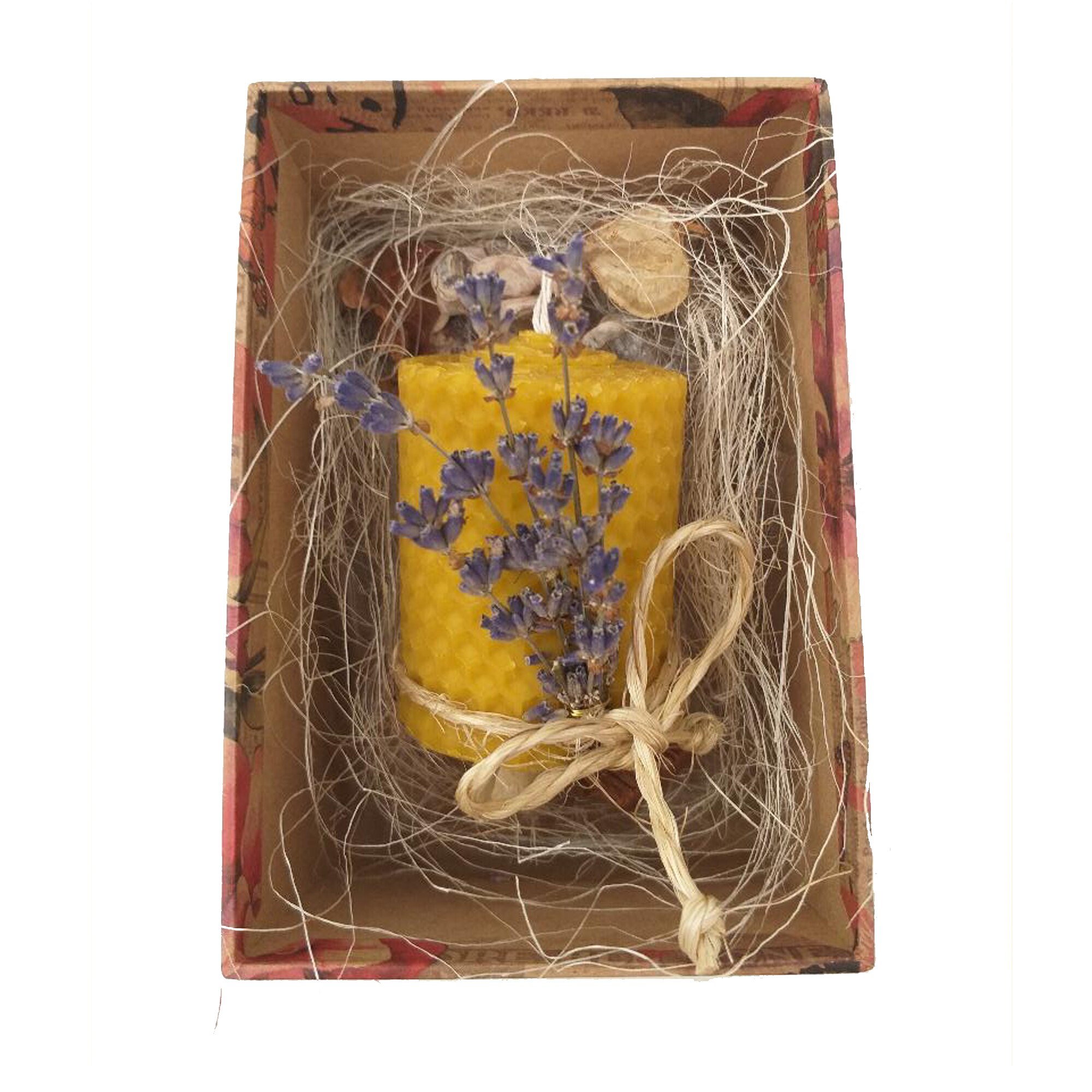 Aranjament cu lumanare din ceara naturala de albine cu lavanda in cutie