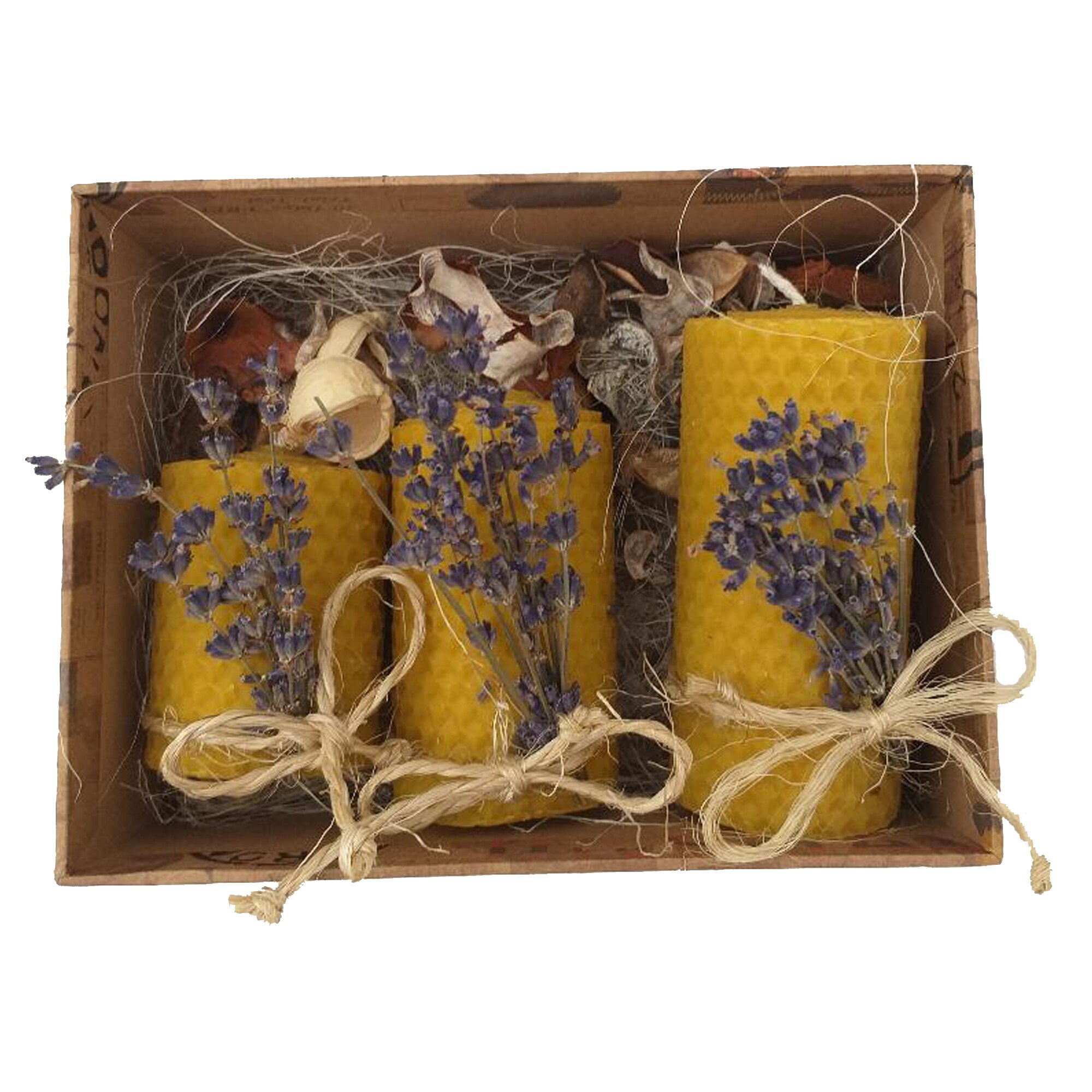 Aranjament cu lumanari din ceara naturala de albine cu lavanda in cutie mare