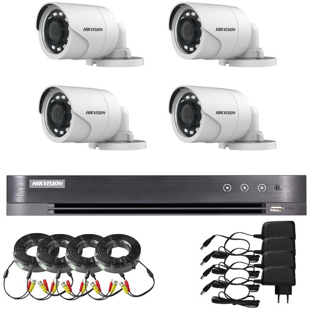 Kit supraveghere Hikvision K2-4CAM7220MAC, 4 camere 2MP DS-2CE16D0T-IRPF2C, DVR DS-7204HQHI-K1S 1buc, surse de alimentare 4buc, cabluri mufate 15metri - 4 buc