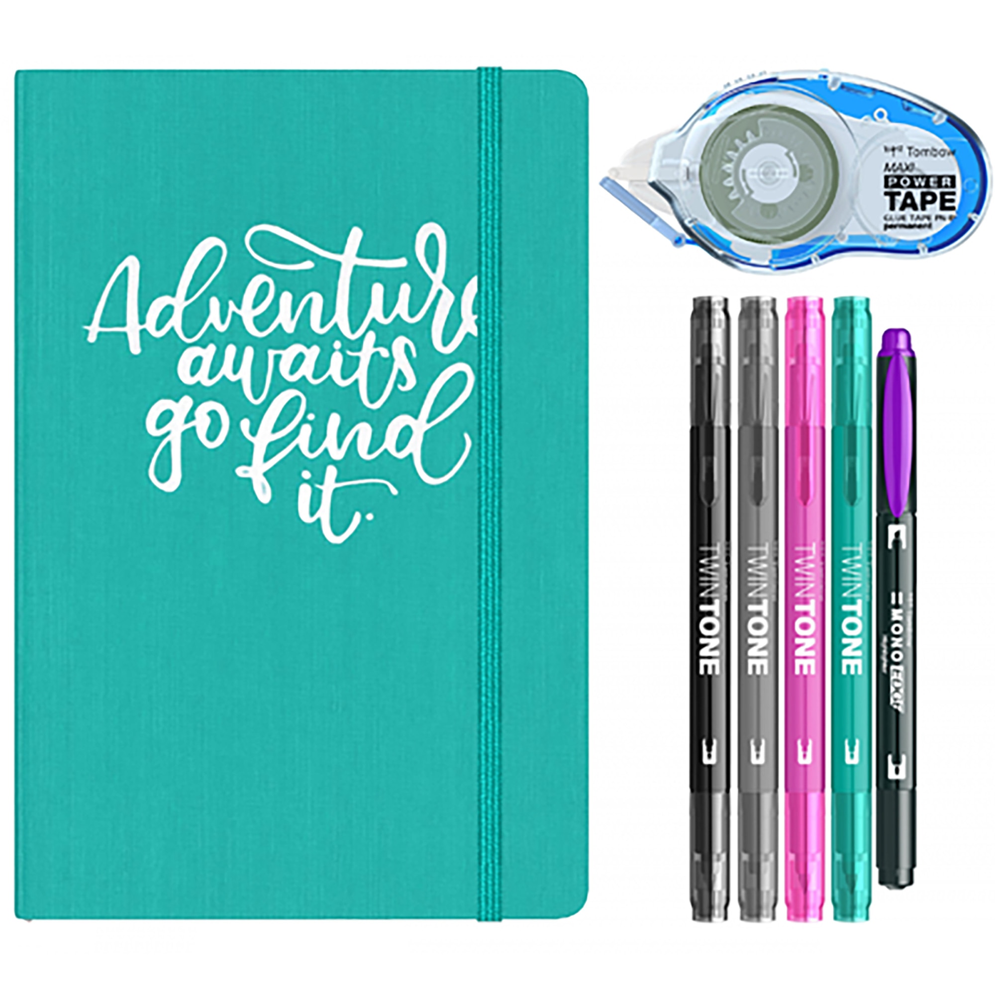 Set Creativ Tombow Travel Journal, Agenda Turcoaz + 5 Markere + Lipici
