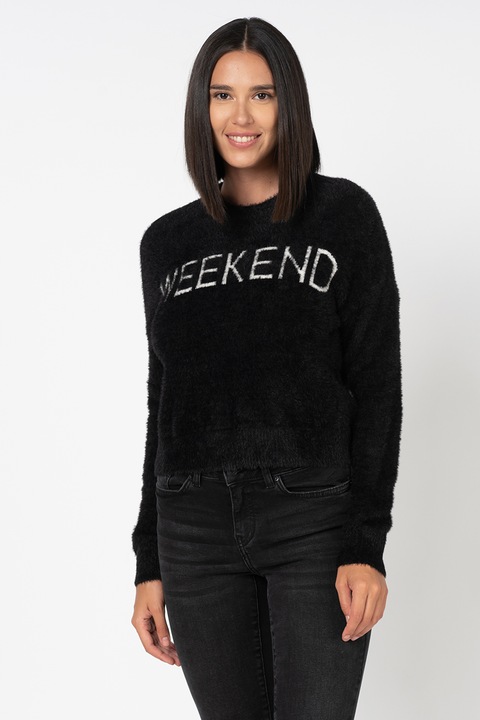 Only, Pulover pufos cu model text Weekend, Negru/Alb, L