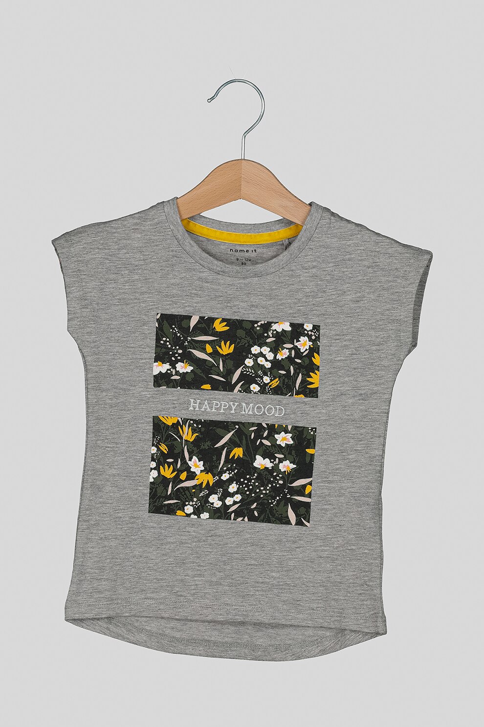NAME IT, Tricou din amestec de bumbac organic cu imprimeu floral, Gri melange/Verde/Galben