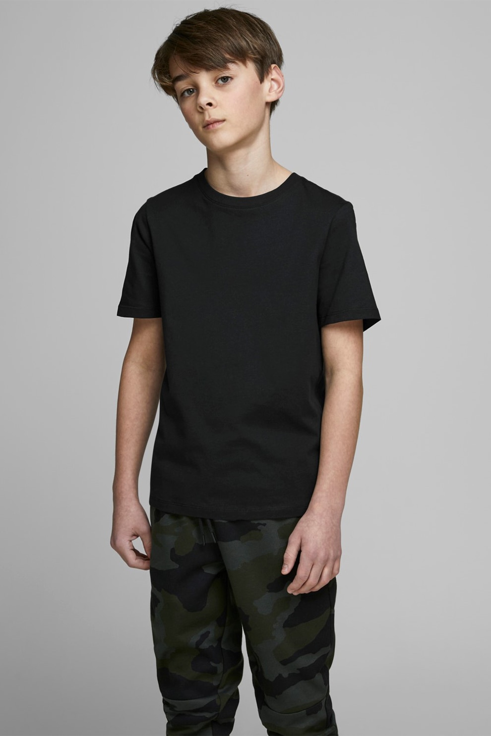 Jack & Jones, Tricou din amestec de bumbac organic cu decolteu la baza gatului, Negru, 152 CM