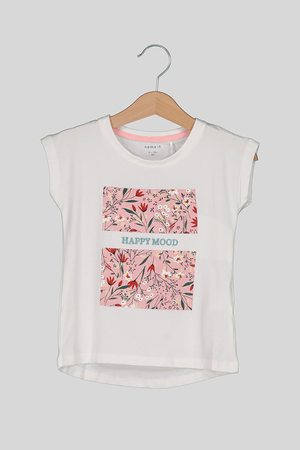 NAME IT, Tricou din amestec de bumbac organic cu imprimeu floral, Alb/Roz prafuit/Rosu