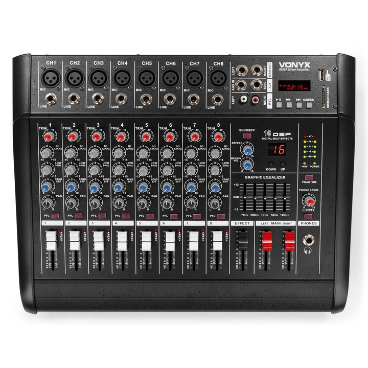 Mixer activ cu 8 canale, 2x180W, DSP/Bluetooth/USB/SD/MP3, Vonyx AM8A
