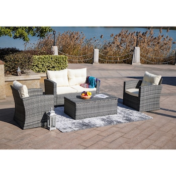 Set mobilier gradina/terasa Kring Summer Bali, canapea + 2 fotolii + masuta depozitare, aspect ratan gri, perne crem Set mobilier gradina/terasa Kring Summer Bali, canapea + 2 fotolii + masuta depozitare, aspect ratan gri, perne crem