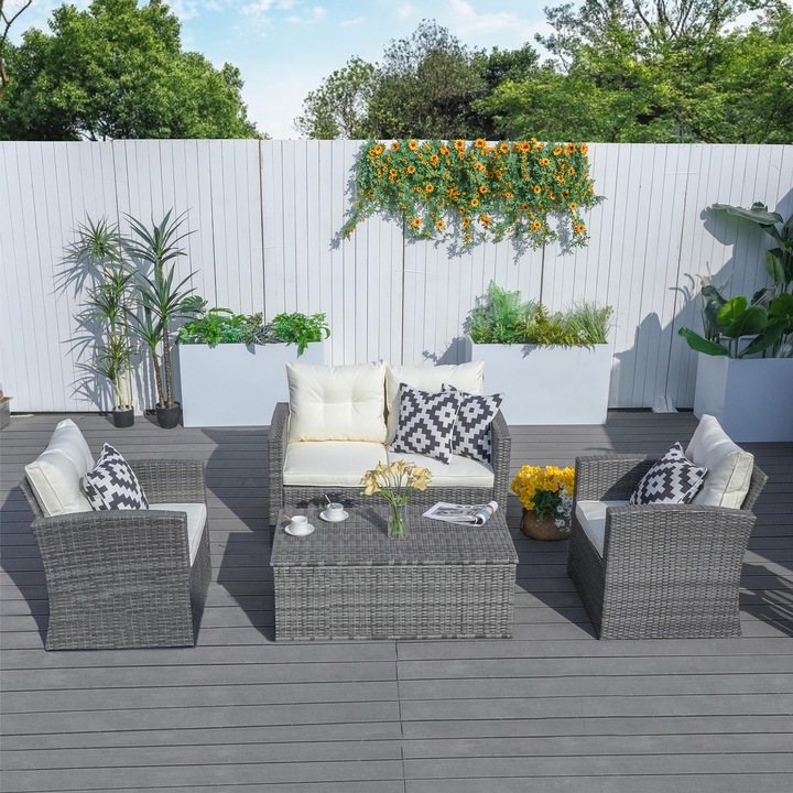 Комплект мебели за градина/тераса Kring Summer Bali, Маса, Диван, 2 фотьойла, Крем