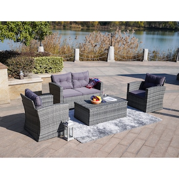 Set mobilier gradina/terasa Kring Summer Bali, canapea + 2 fotolii + masuta depozitare, aspect ratan gri, perne antracit Set mobilier gradina/terasa Kring Summer Bali, canapea + 2 fotolii + masuta depozitare, aspect ratan gri, perne antracit