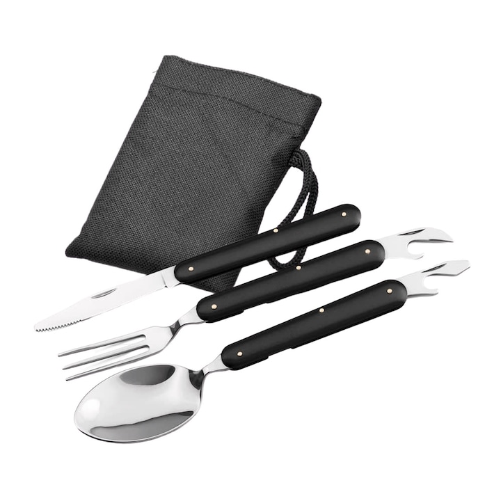 Dalimag 3 darabos összecsukható evőeszköz készlet, kanál, villa, kés, hordozó tok, rozsdamentes acél, 17 cm, fekete