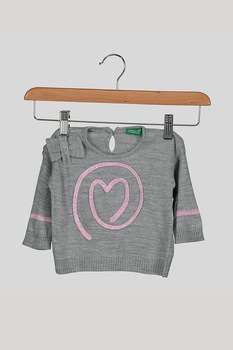 United Colors of Benetton, Pulover tricotat fin cu aplicatii contrastante, Gri melange/ Roz United Colors of Benetton, Pulover tricotat fin cu aplicatii contrastante, Gri melange/ Roz