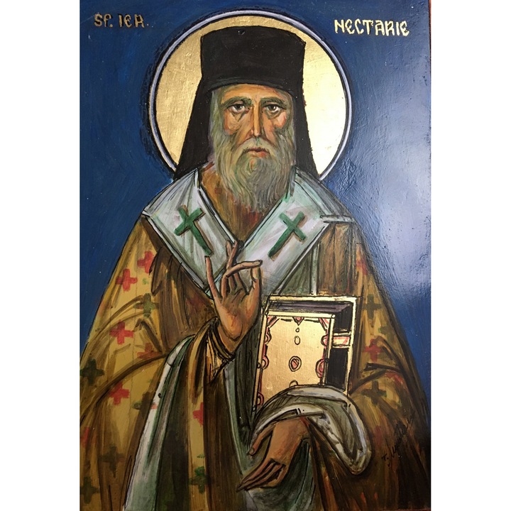 Kézzel készített ikon schlagmetallal polírozva, St. Nectaria, Rákgyógyító, 34x24x1 cm