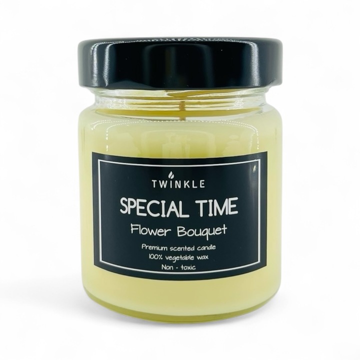 Lumanare parfumata TWINKLE cu aroma de Flori de Primavara, ceara soia non-toxica, fitil bumbac, 150 g net