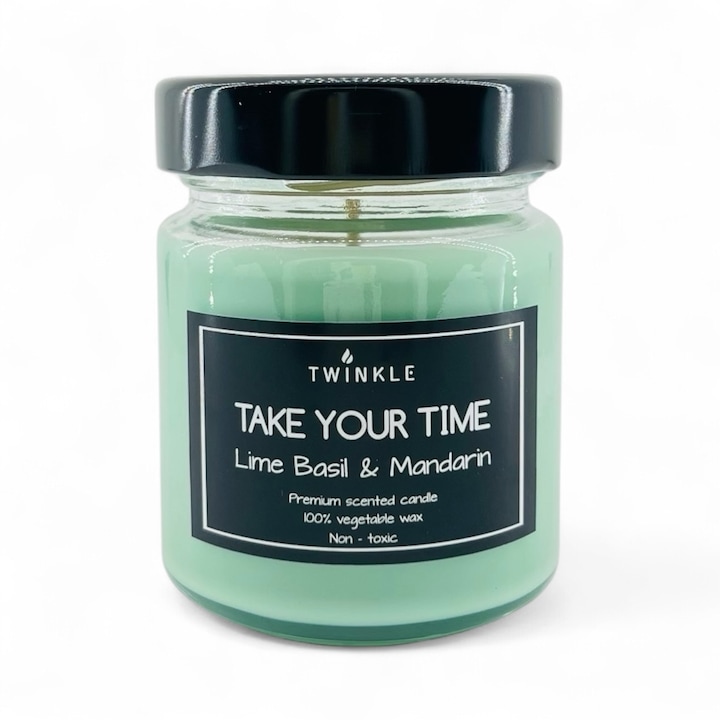 Lumanare parfumata TWINKLE cu aroma de Busuioc si Mandarine, ceara soia non-toxica, fitil bumbac, 150 g net