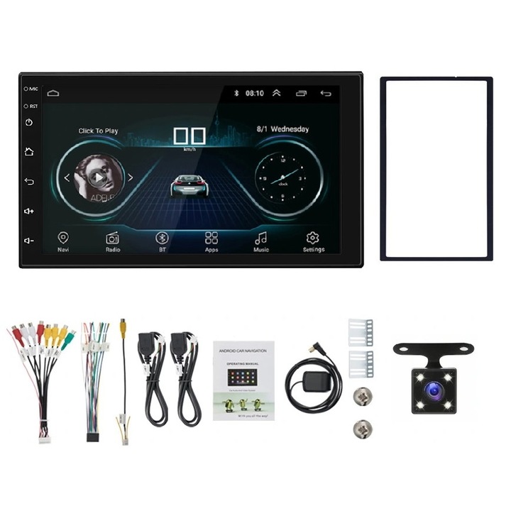 Autós multimédia lejátszó, 2 DIN, 7168 7" HD Android 13.0 Autós sztereó MP5, érintőképernyős GPS, Bluetooth, FM rádió + hátsó kamera + keret