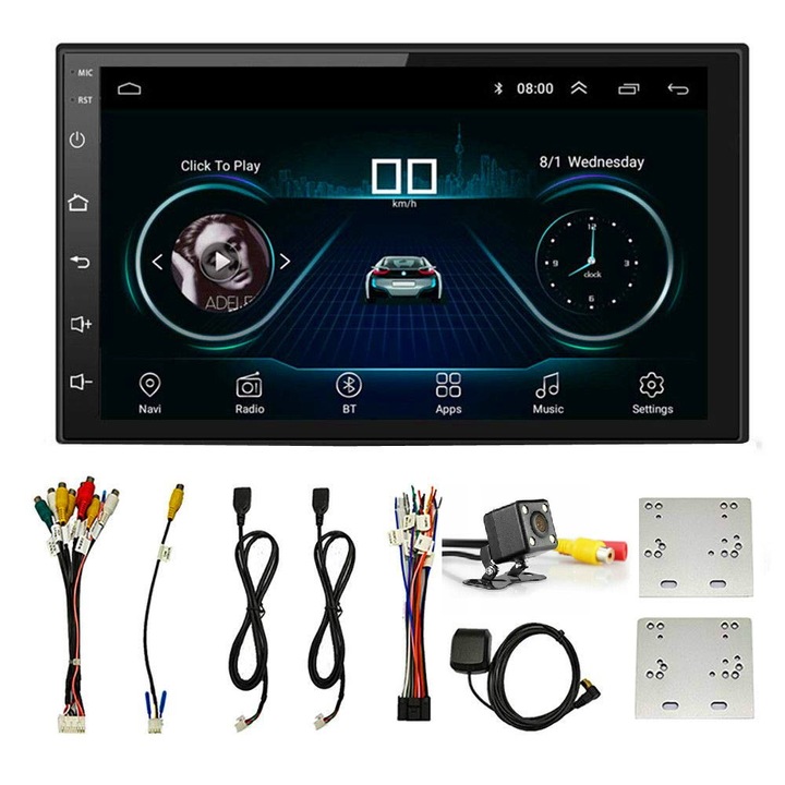 Мултимедиен плеър за кола, 2 DIN, 7168, 7 "HD, Android 9.1, Стерео MP5, Сензорен GPS, Bluetooth, FM радио + Задна камера + Рамка