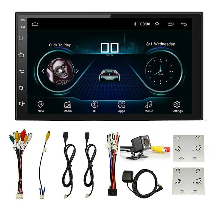 Autós multimédia lejátszó, 2 DIN, 7168 7 HD Android 10.1 Autós sztereó MP5, érintőképernyős GPS, Bluetooth, FM rádió + hátsó kamera
