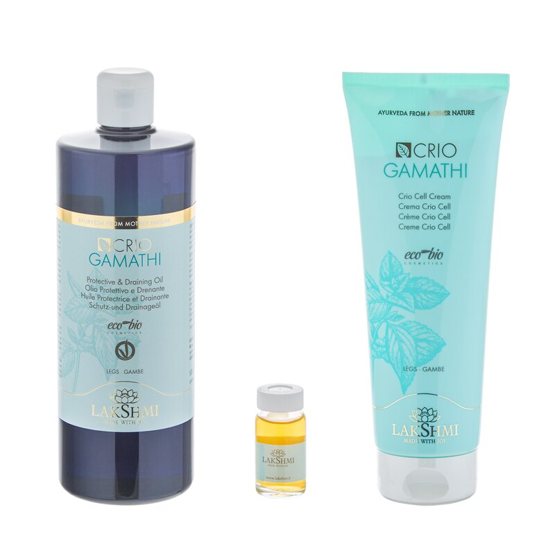 Set 3 produse bio-organice pentru ingrijirea picioarelor umflate, cu senzatie de greutate si care retin apa 810ml, Lakshmi, crema crio drenanta 250 ml, fiole protectoare 6 x 10ml si ulei crio drenaj limfatic 500ml