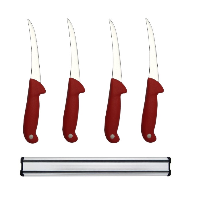 Set 4 cutite profesionale pentru macelarie, lama curbata , pentru dezosat, 28 cm, cu suport magnetic, otel inoxidabil 34 cm