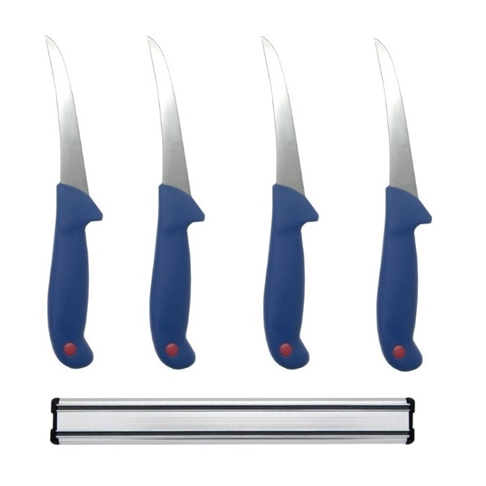 Set 4 cutite profesionale pentru macelarie, lama curbata , pentru dezosat, Albastru, cu suport magnetic, otel inoxidabil