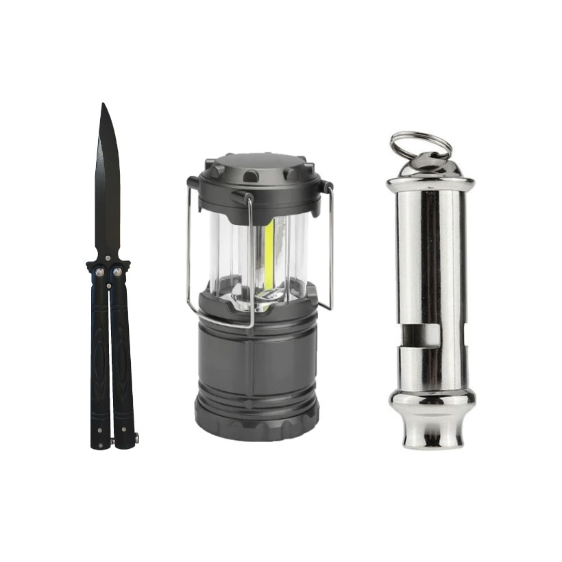 Kit camping format din Felinar pliabil 9W, Briceag Balisong si Fluier militar